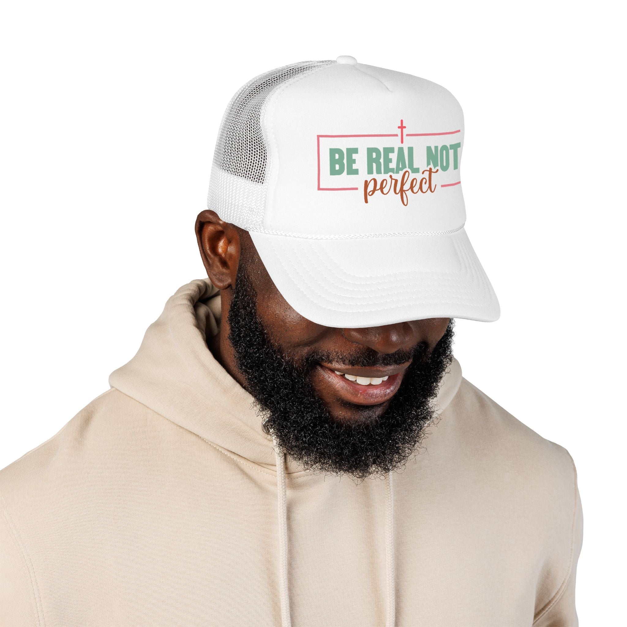 Christian Trucker Hat - "Be Real Not Perfect" Pink Foam Mesh Cap
