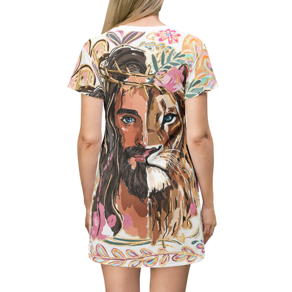 Jesus Lion T-Shirt Dress — Floral Split-Face Christian Graphic AOP