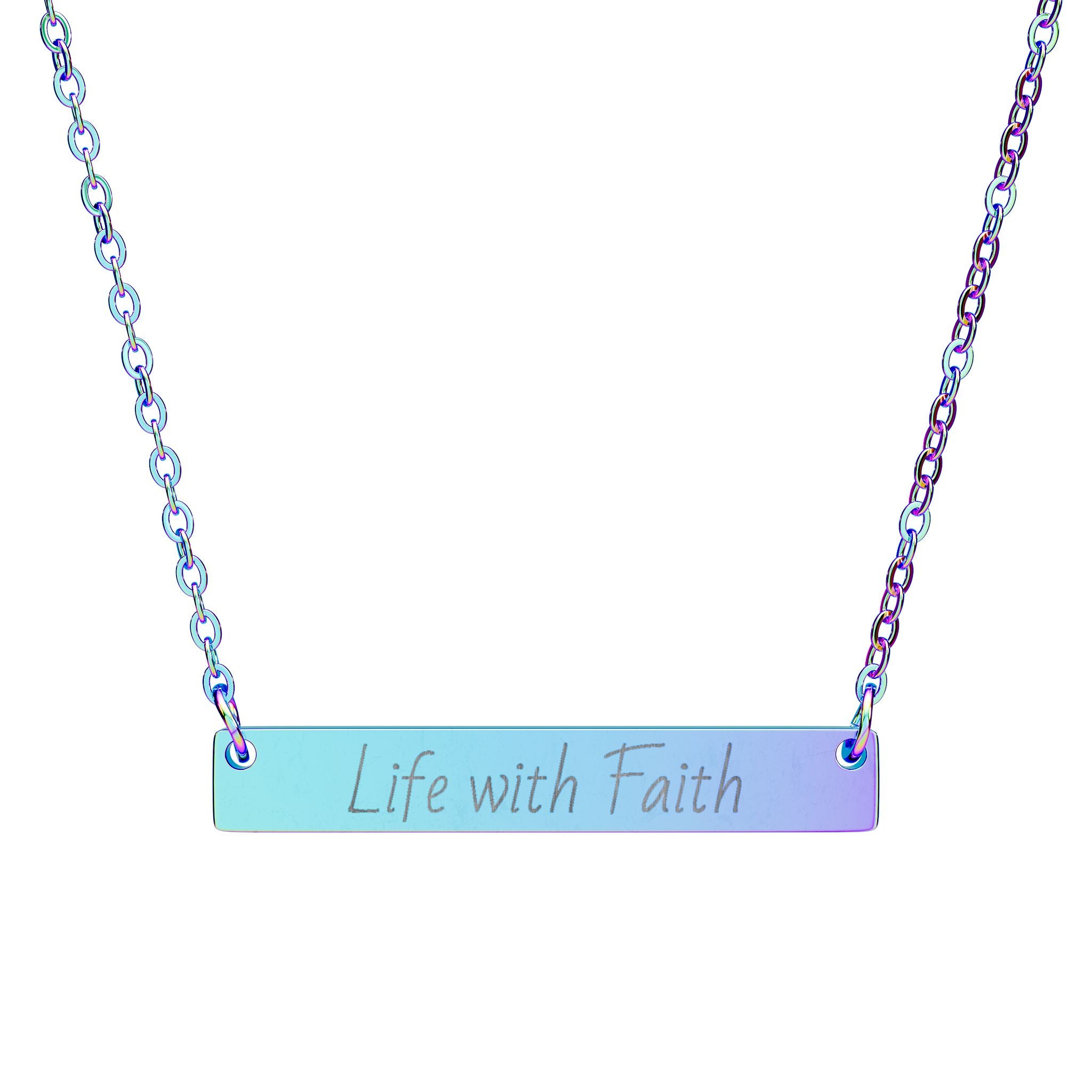 Engraved Horizontal Bar Necklace — "Live with Faith" Inspirational Pendant