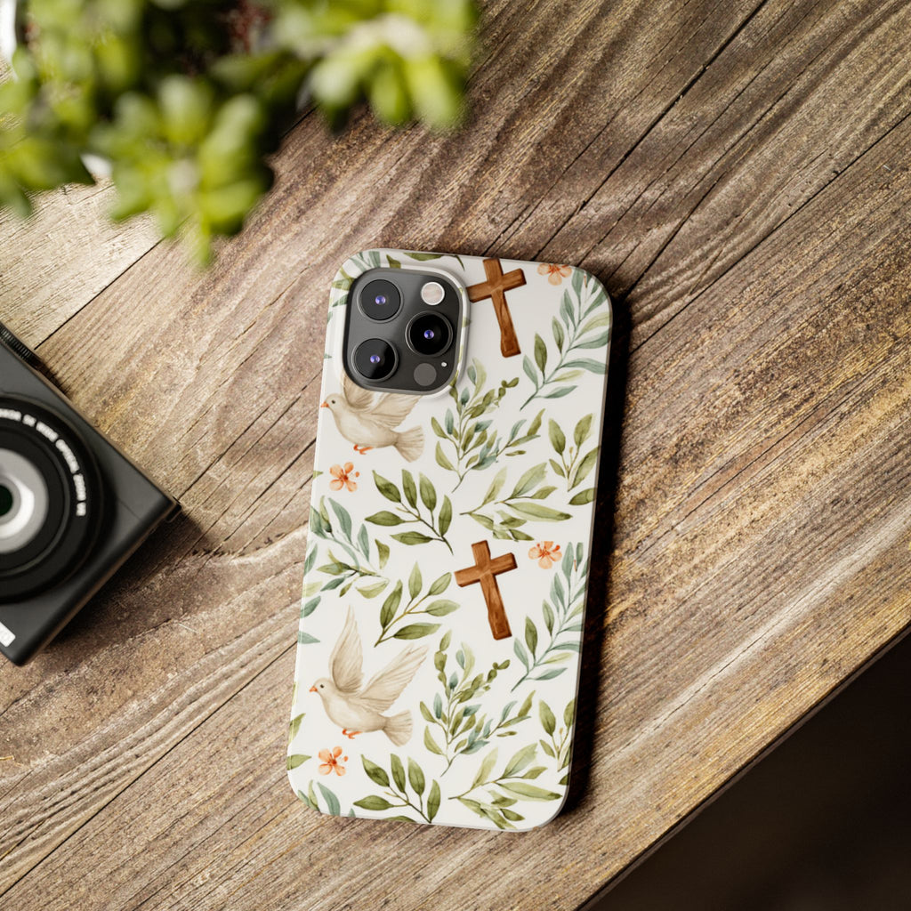 Slim Phone Case — Floral Dove & Cross Christian Design, Bible Verse Gift