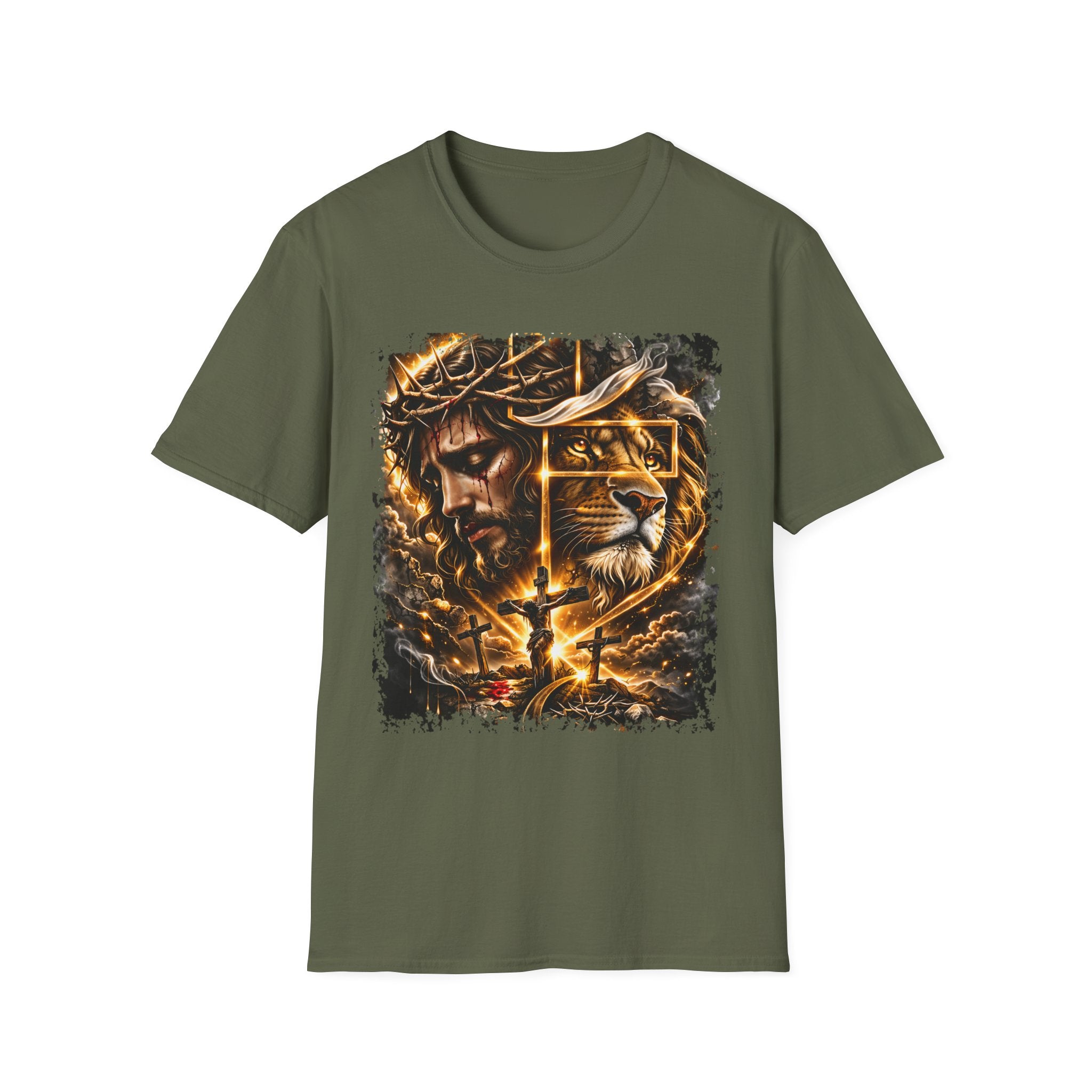 Faith Lion T-Shirt — Jesus Crown of Thorns & Cross Christian Graphic Tee
