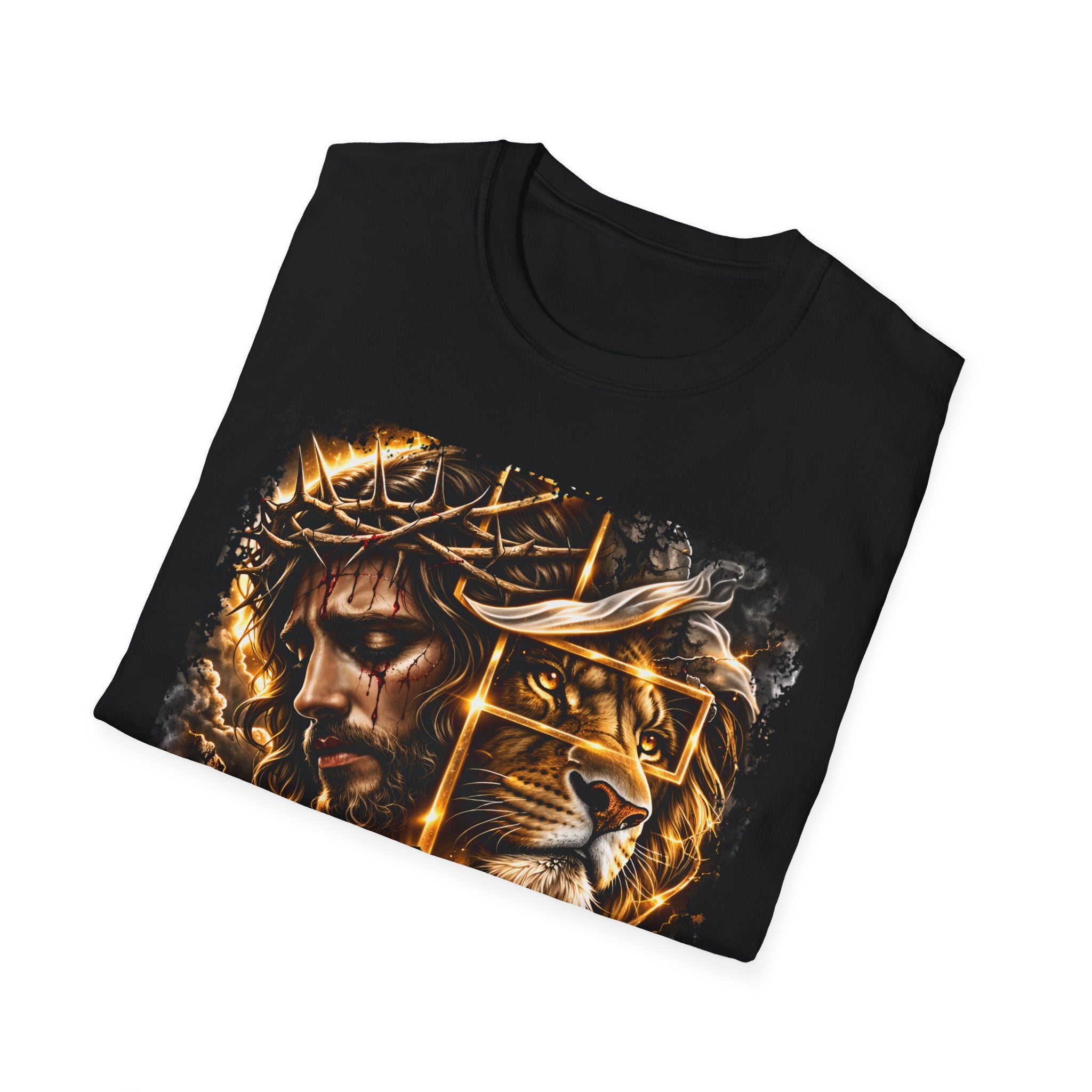 Faith Lion T-Shirt — Jesus Crown of Thorns & Cross Christian Graphic Tee