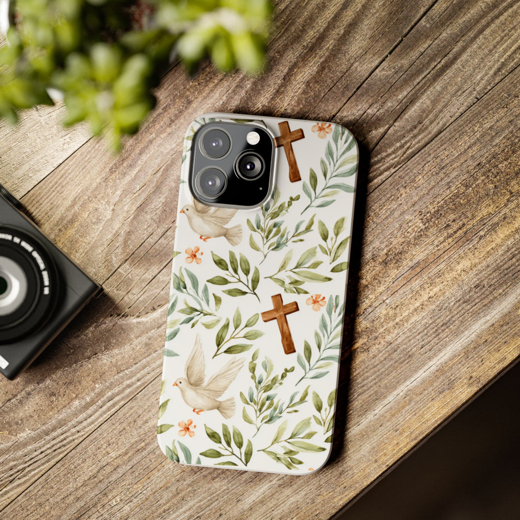 Slim Phone Case — Floral Dove & Cross Christian Design, Bible Verse Gift