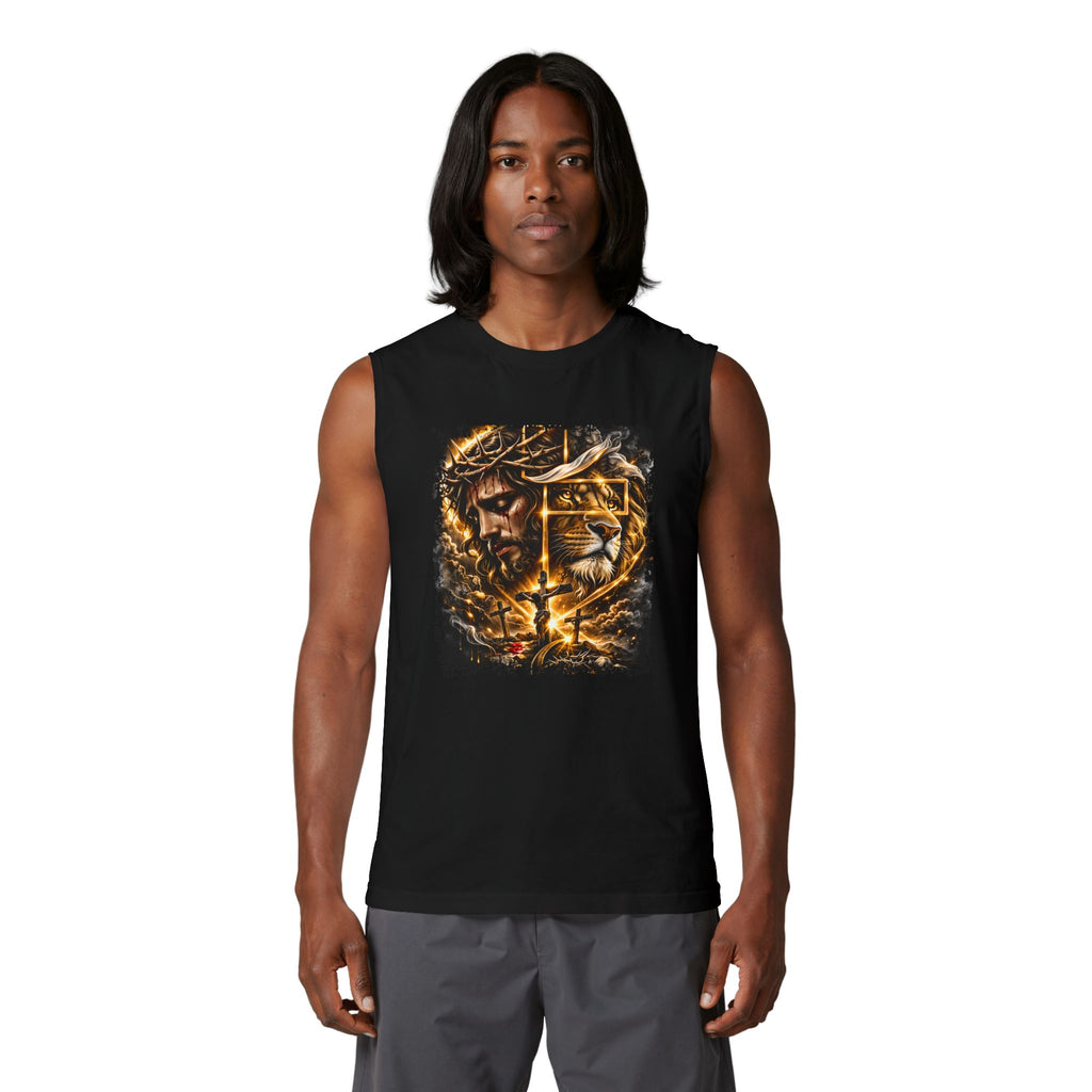 Christian Lion of Judah Muscle Tank – Jesus Crown of Thorns Fire Cross Graphic