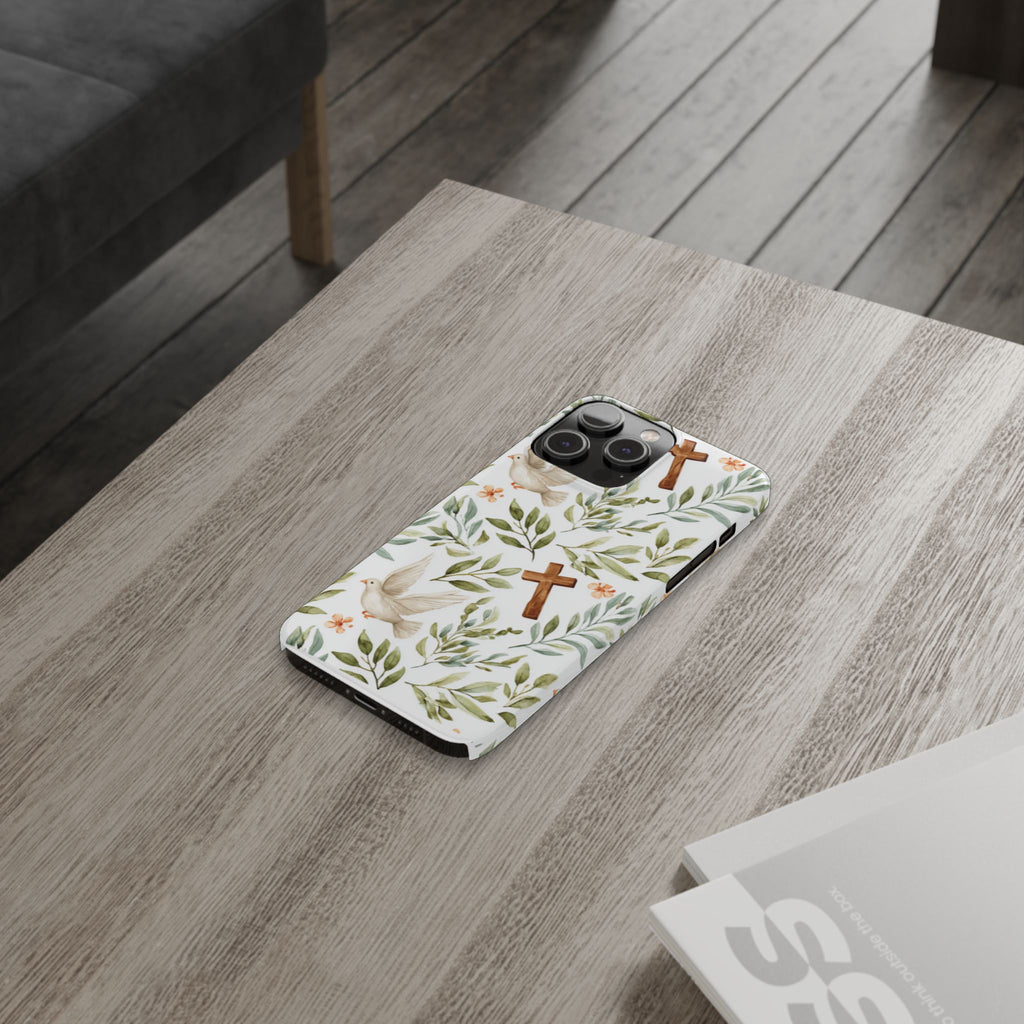 Slim Phone Case — Floral Dove & Cross Christian Design, Bible Verse Gift