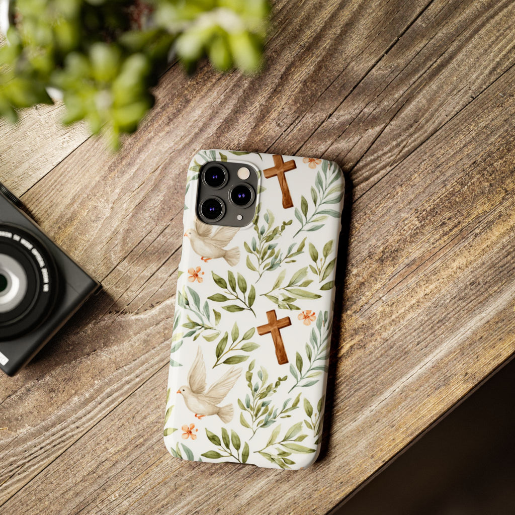 Slim Phone Case — Floral Dove & Cross Christian Design, Bible Verse Gift
