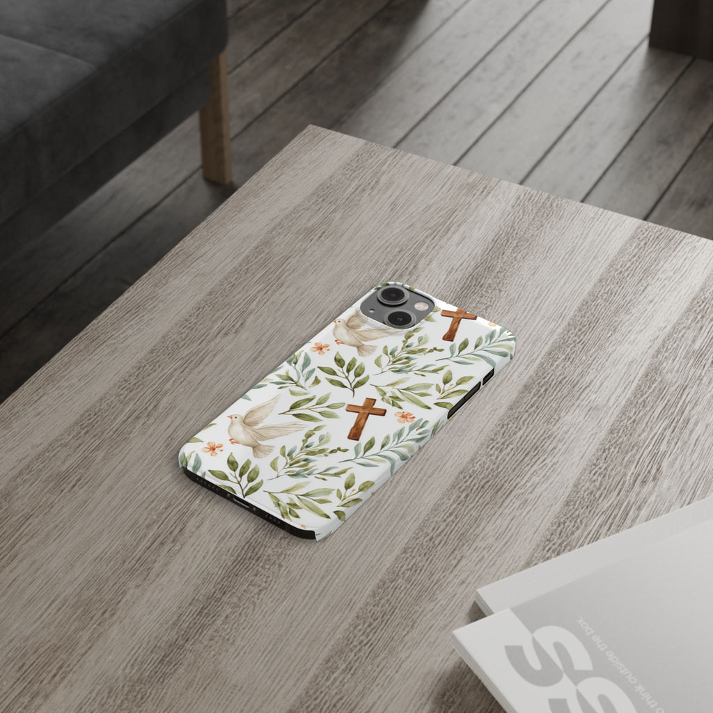 Slim Phone Case — Floral Dove & Cross Christian Design, Bible Verse Gift