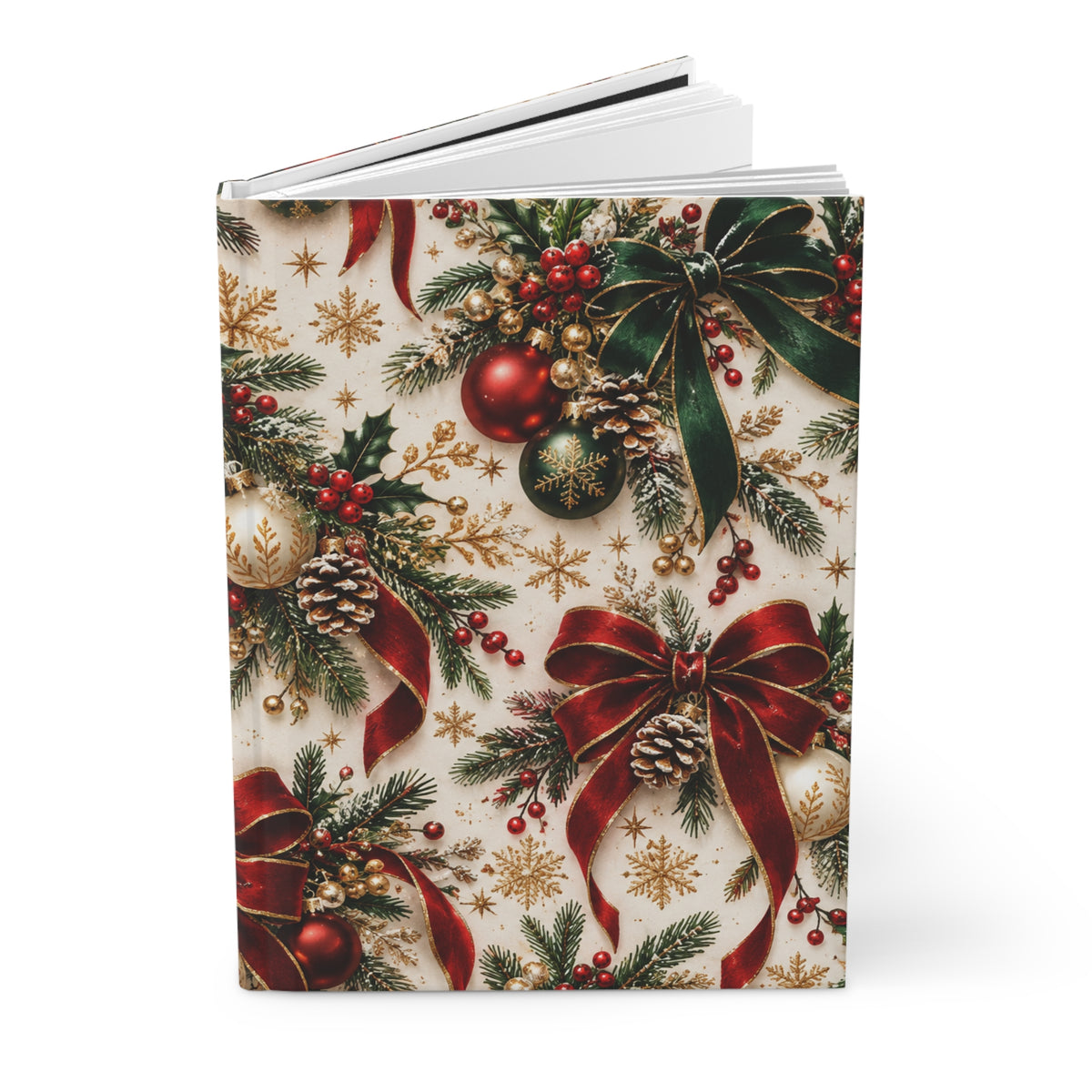 Holiday Pine & Ribbon Hardcover Journal — Lined Christmas Notebook