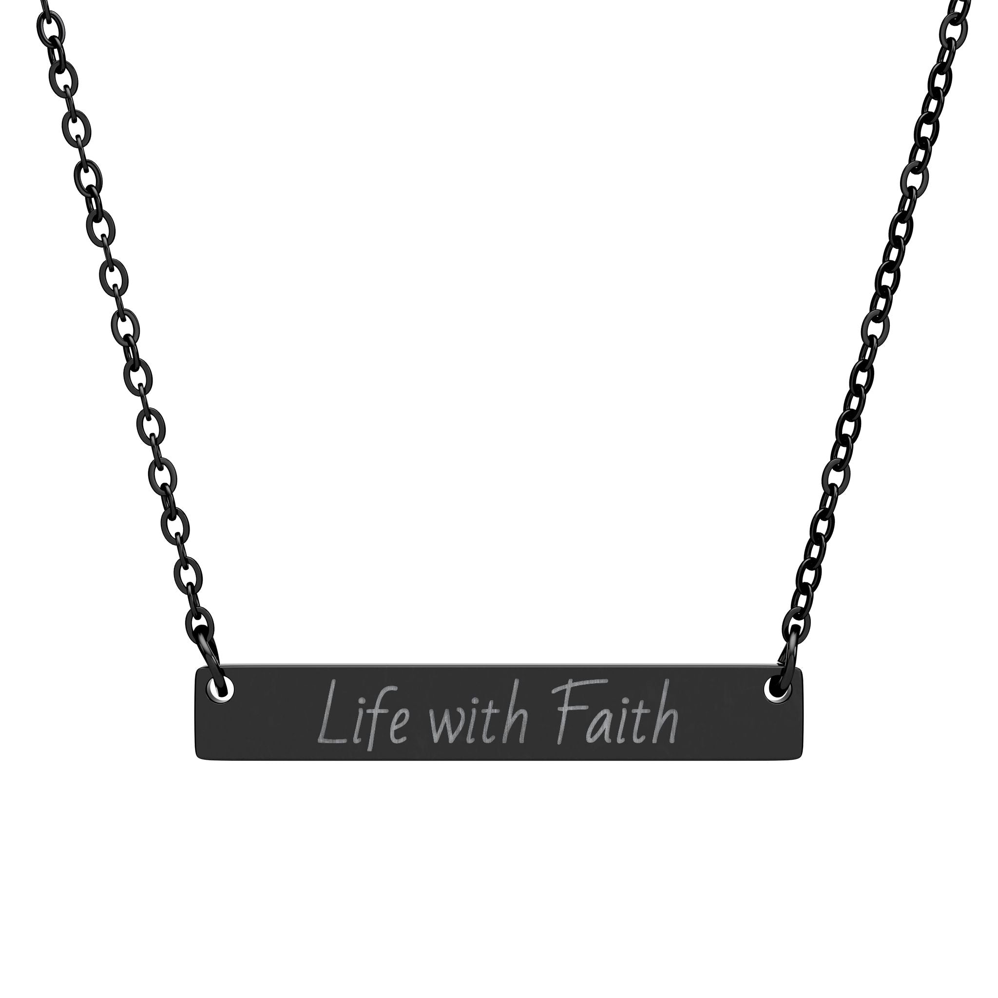 Engraved Horizontal Bar Necklace — "Live with Faith" Inspirational Pendant