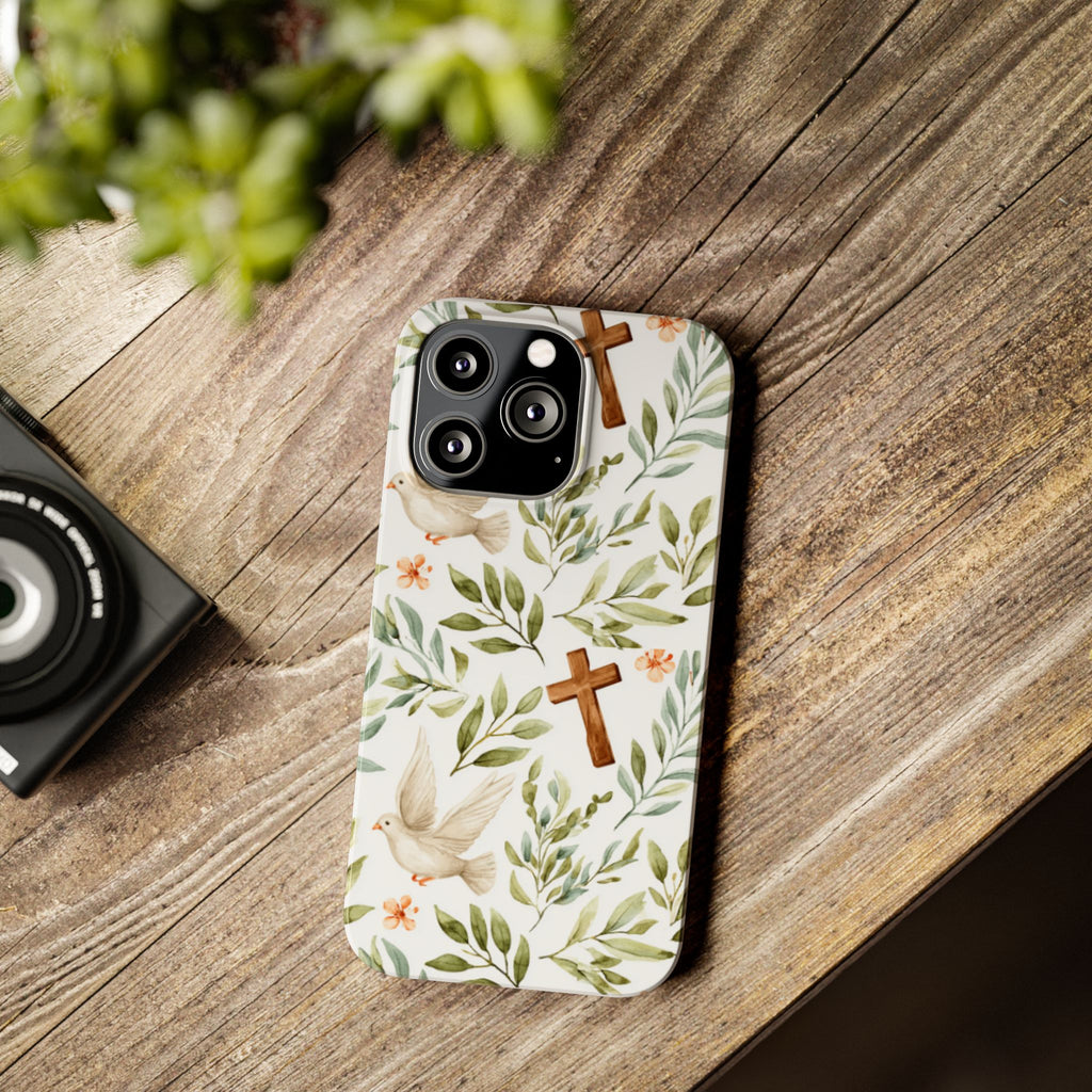 Slim Phone Case — Floral Dove & Cross Christian Design, Bible Verse Gift