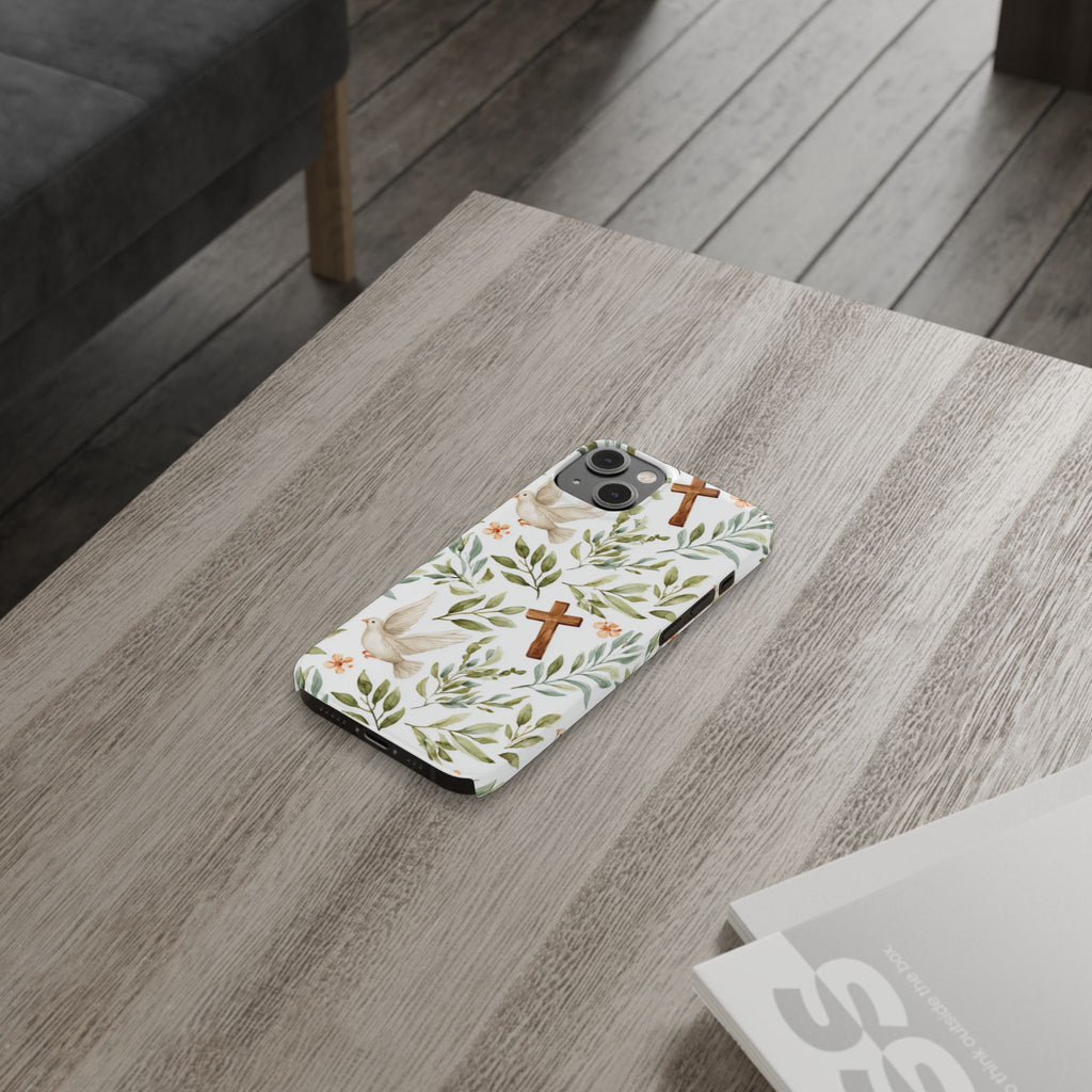 Slim Phone Case — Floral Dove & Cross Christian Design, Bible Verse Gift