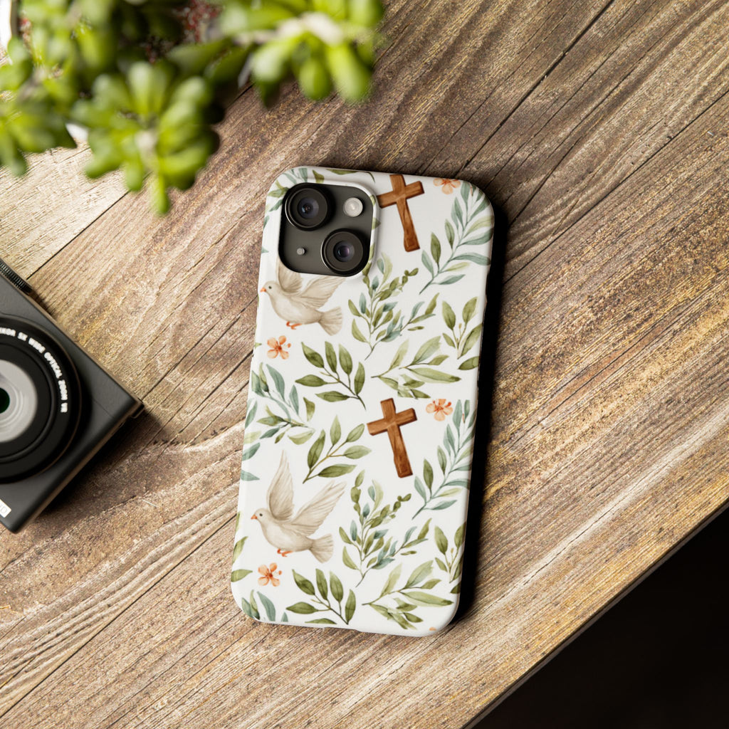 Slim Phone Case — Floral Dove & Cross Christian Design, Bible Verse Gift