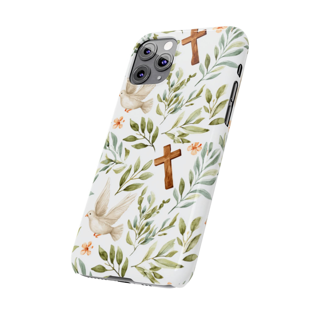 Slim Phone Case — Floral Dove & Cross Christian Design, Bible Verse Gift