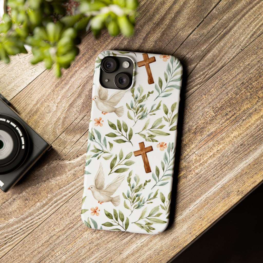 Slim Phone Case — Floral Dove & Cross Christian Design, Bible Verse Gift