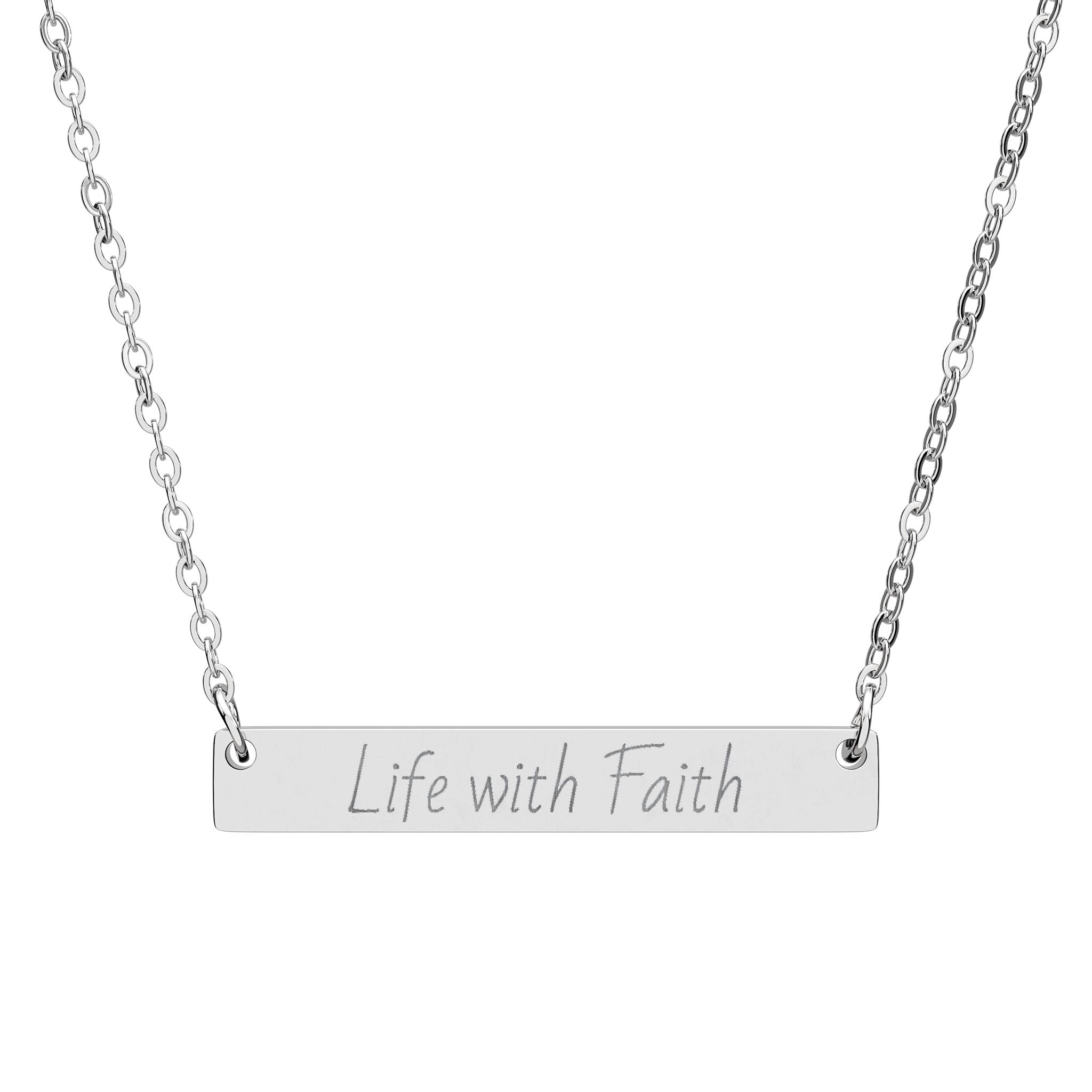 Engraved Horizontal Bar Necklace — "Live with Faith" Inspirational Pendant