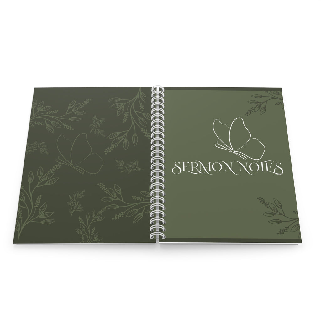 Sermon Notes Spiral Notebook — Olive Green Butterfly Faith Journal