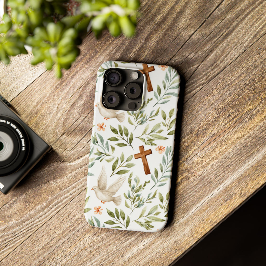 Slim Phone Case — Floral Dove & Cross Christian Design, Bible Verse Gift