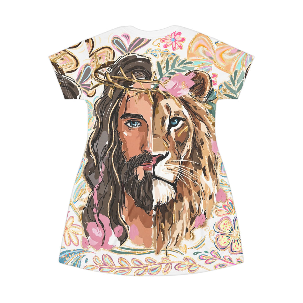 Jesus Lion T-Shirt Dress — Floral Split-Face Christian Graphic AOP