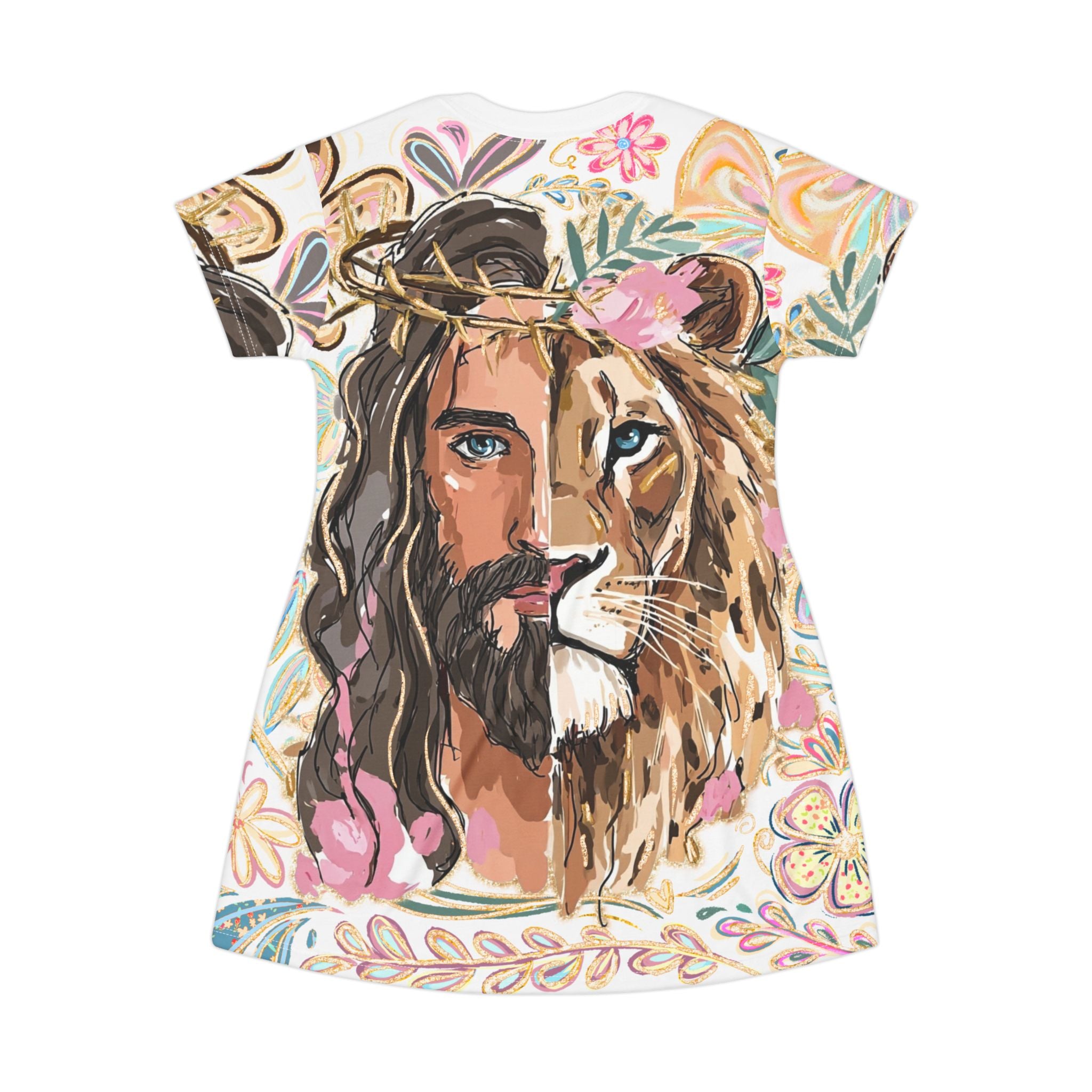 Jesus Lion T-Shirt Dress — Floral Split-Face Christian Graphic AOP