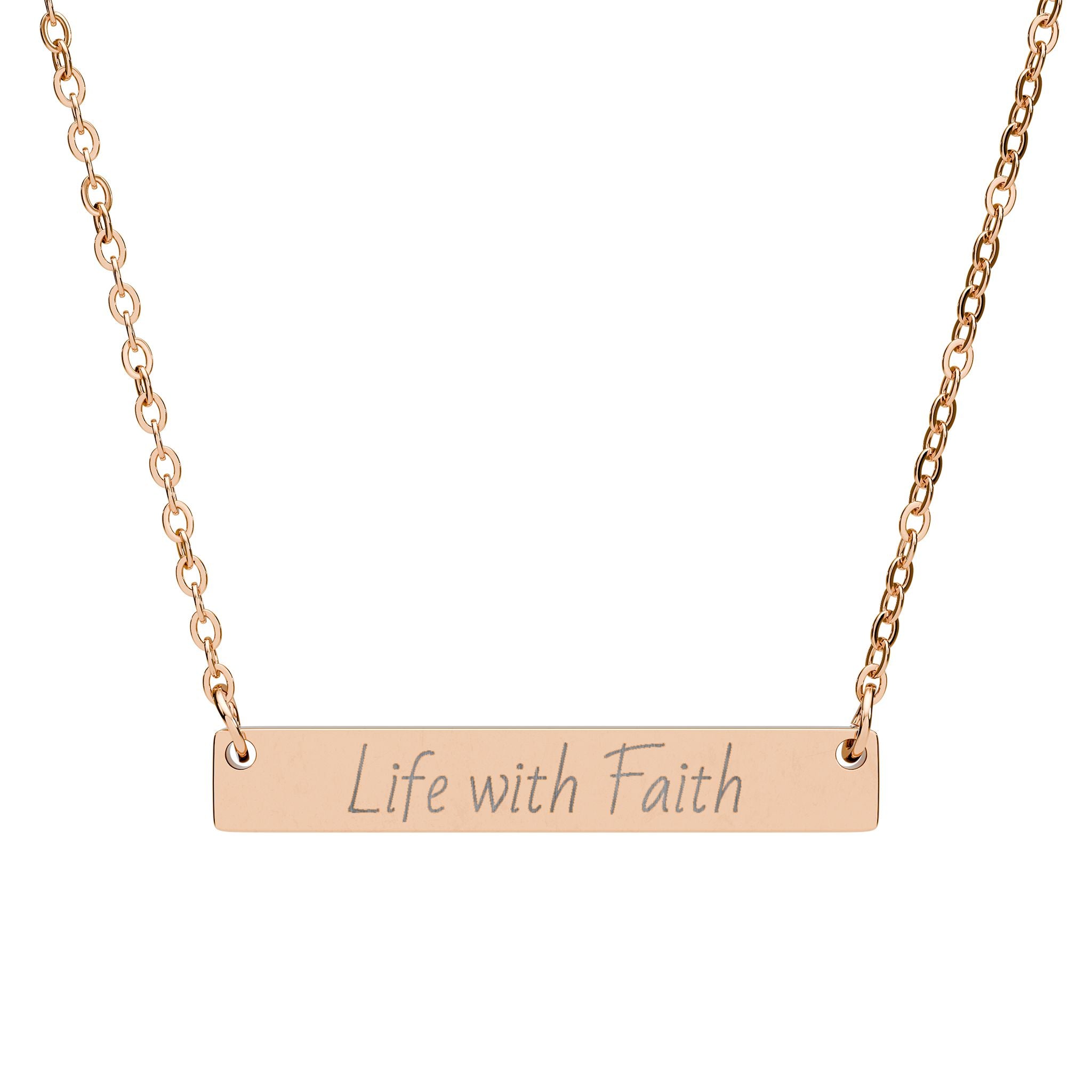Engraved Horizontal Bar Necklace — "Live with Faith" Inspirational Pendant