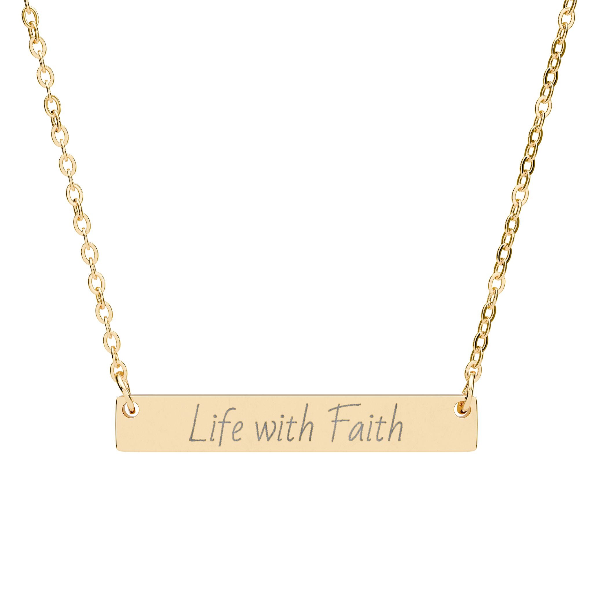Engraved Horizontal Bar Necklace — "Live with Faith" Inspirational Pendant