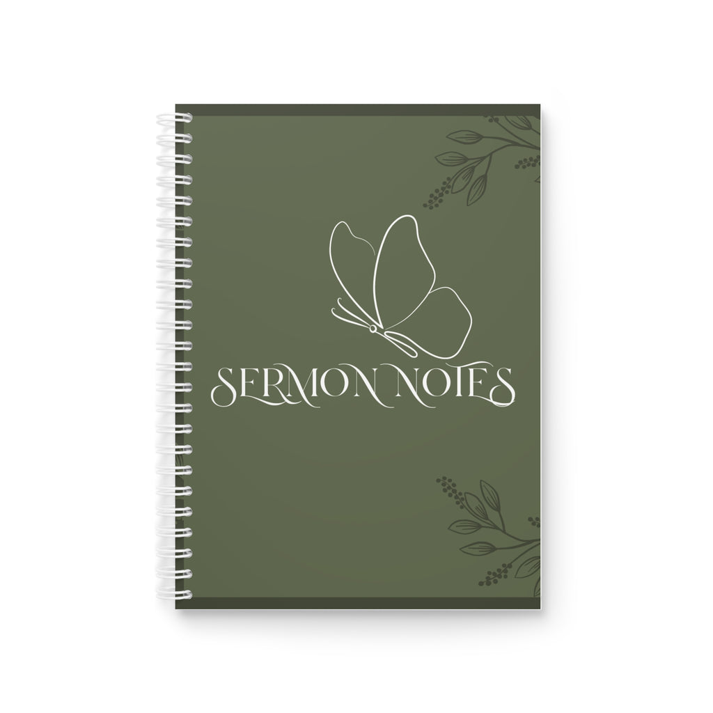 Sermon Notes Spiral Notebook — Olive Green Butterfly Faith Journal