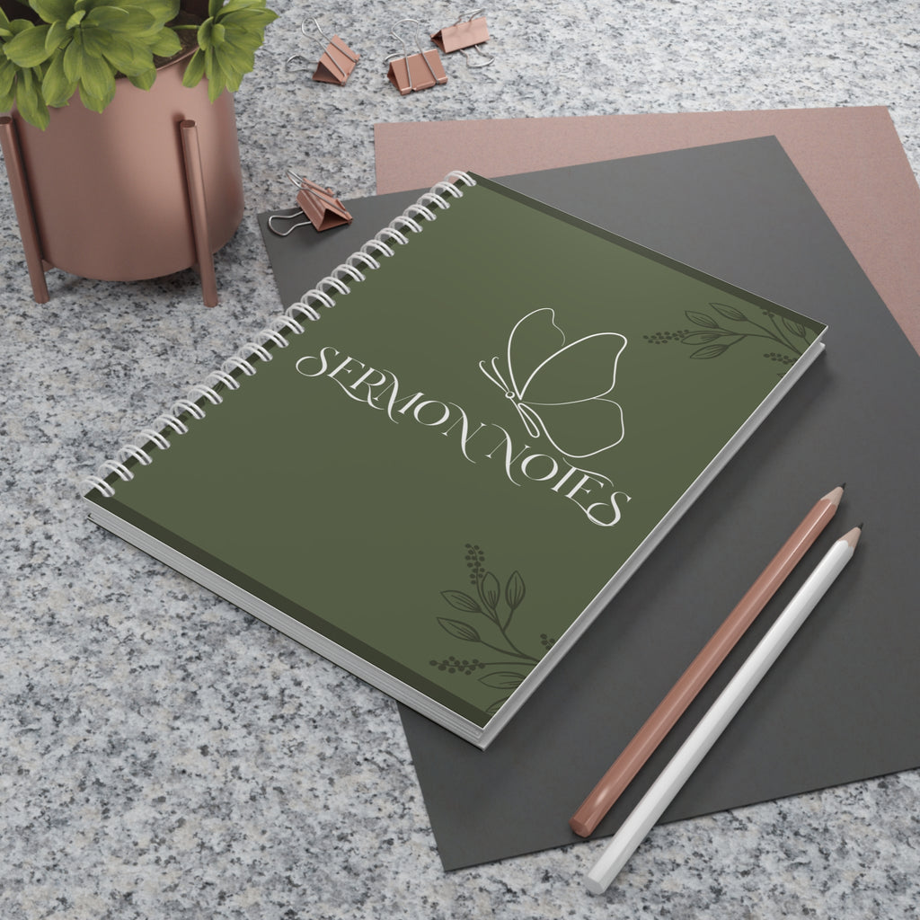 Sermon Notes Spiral Notebook — Olive Green Butterfly Faith Journal