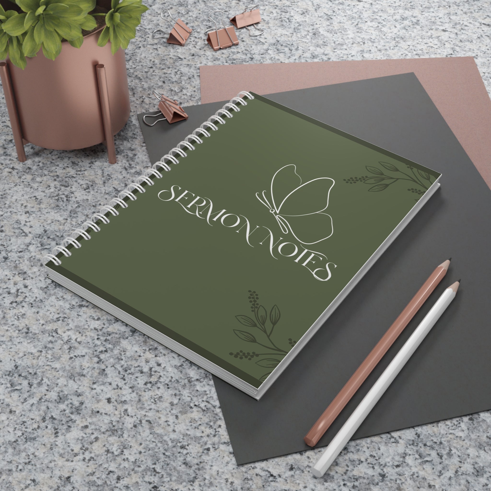 Sermon Notes Spiral Notebook — Olive Green Butterfly Faith Journal