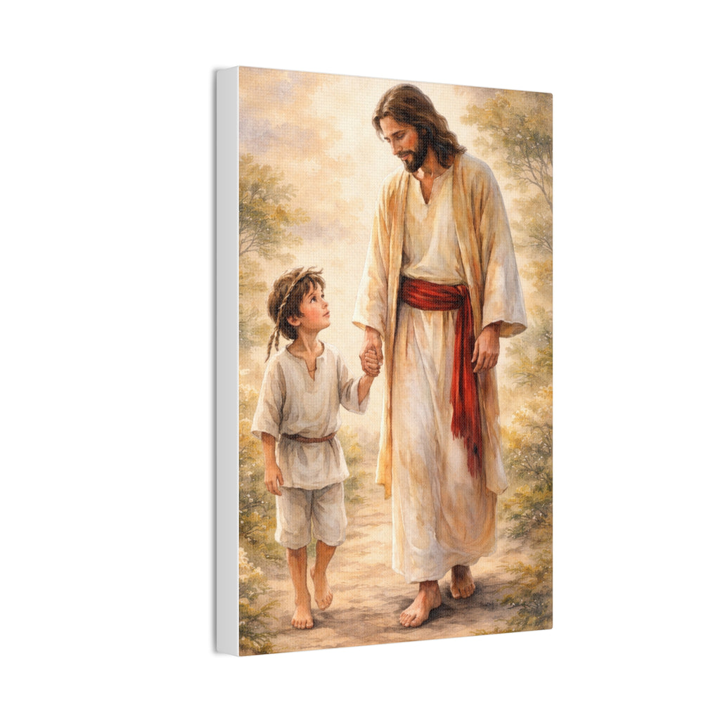 Jesus Walking with Child — Stretched Canvas Wall Art