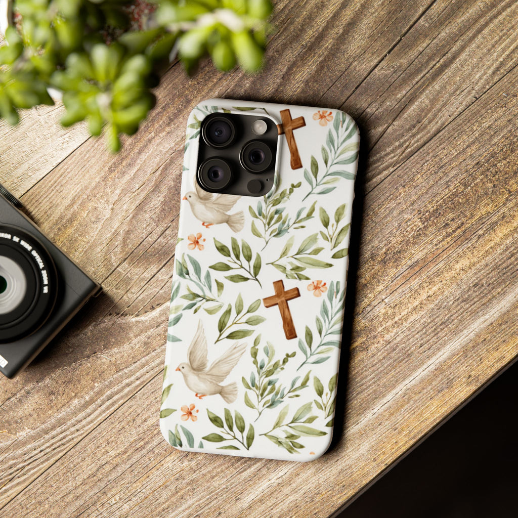 Slim Phone Case — Floral Dove & Cross Christian Design, Bible Verse Gift