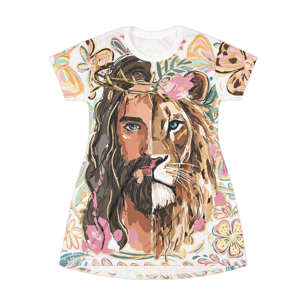 Jesus Lion T-Shirt Dress — Floral Split-Face Christian Graphic AOP