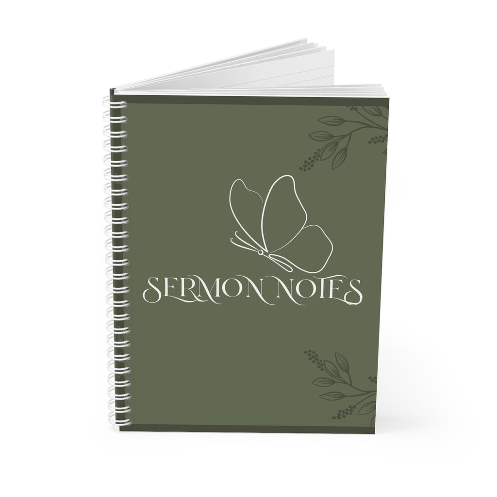 Sermon Notes Spiral Notebook — Olive Green Butterfly Faith Journal
