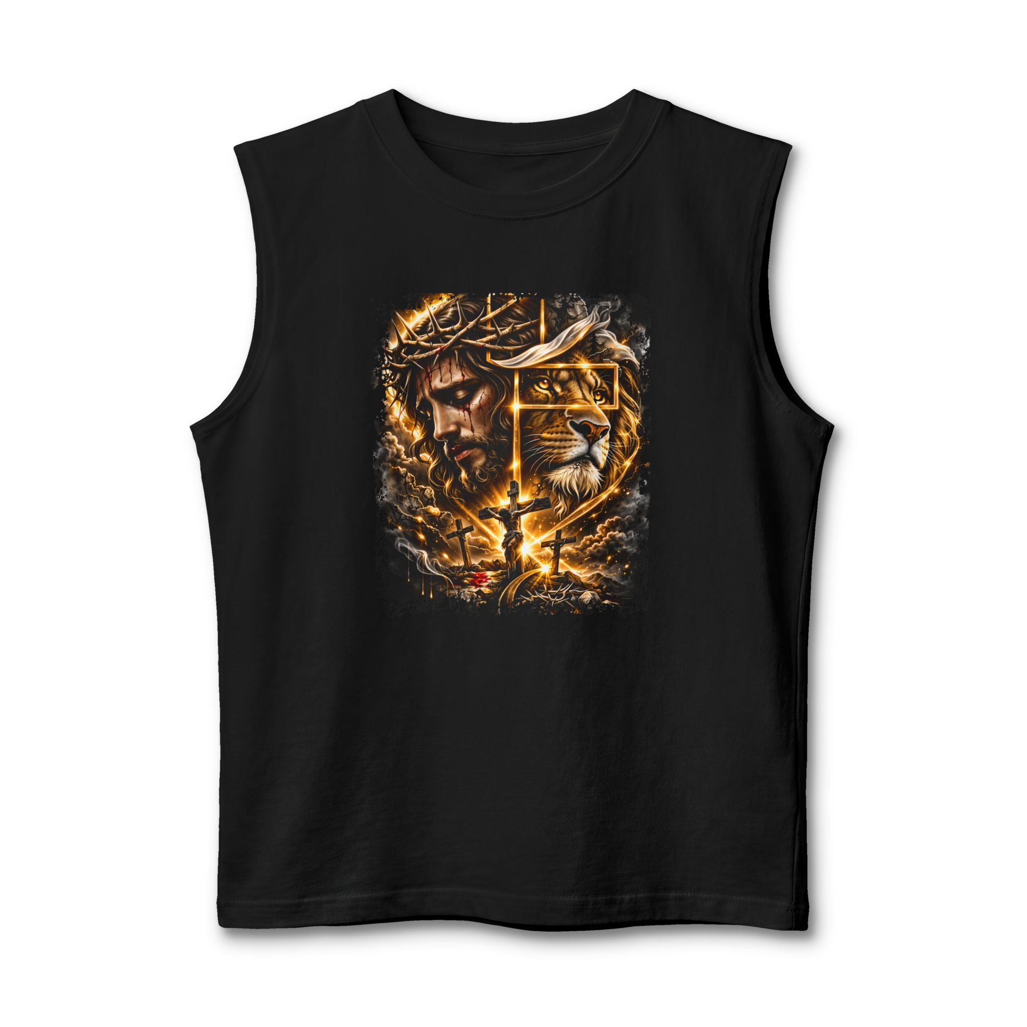 Christian Lion of Judah Muscle Tank – Jesus Crown of Thorns Fire Cross Graphic
