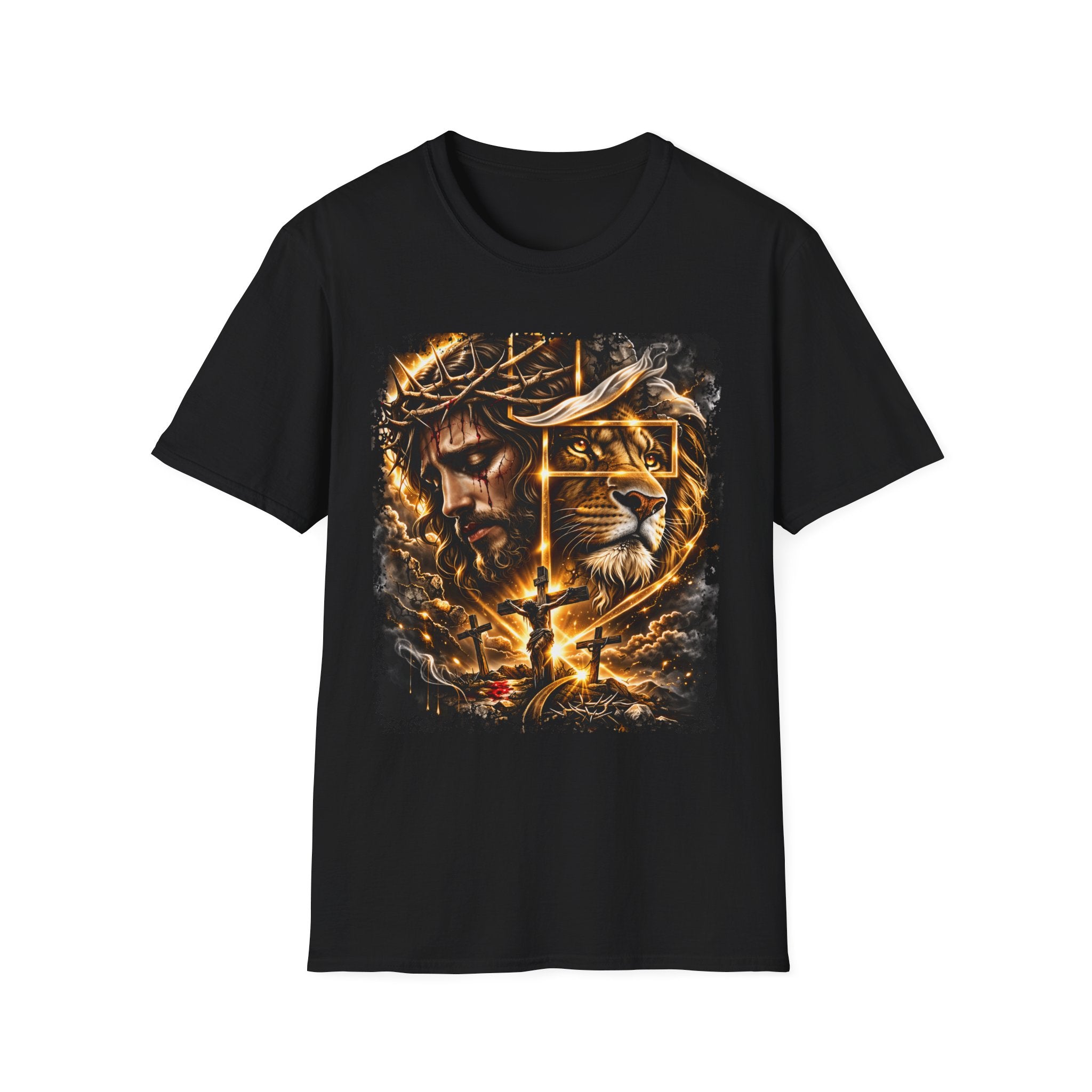 Faith Lion T-Shirt — Jesus Crown of Thorns & Cross Christian Graphic Tee