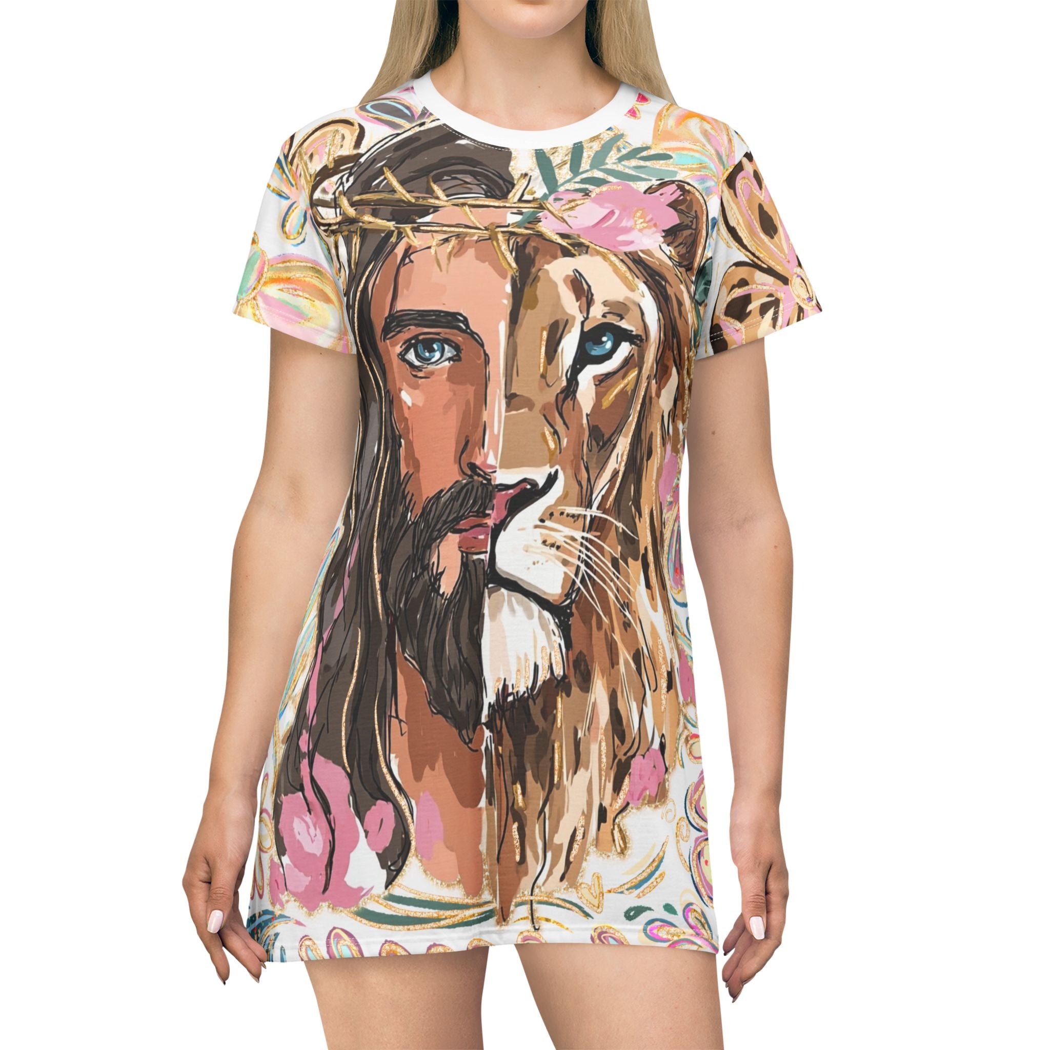 Jesus Lion T-Shirt Dress — Floral Split-Face Christian Graphic AOP